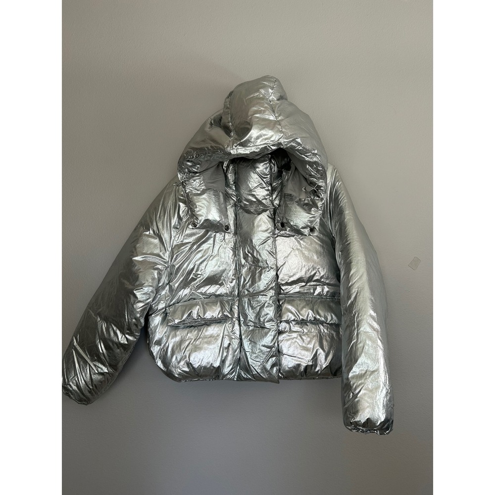 KHY Kylie Jenner Standard Puffer Jacket XXS Silver Metallic Oversized Hooded - Picture 4 of 14